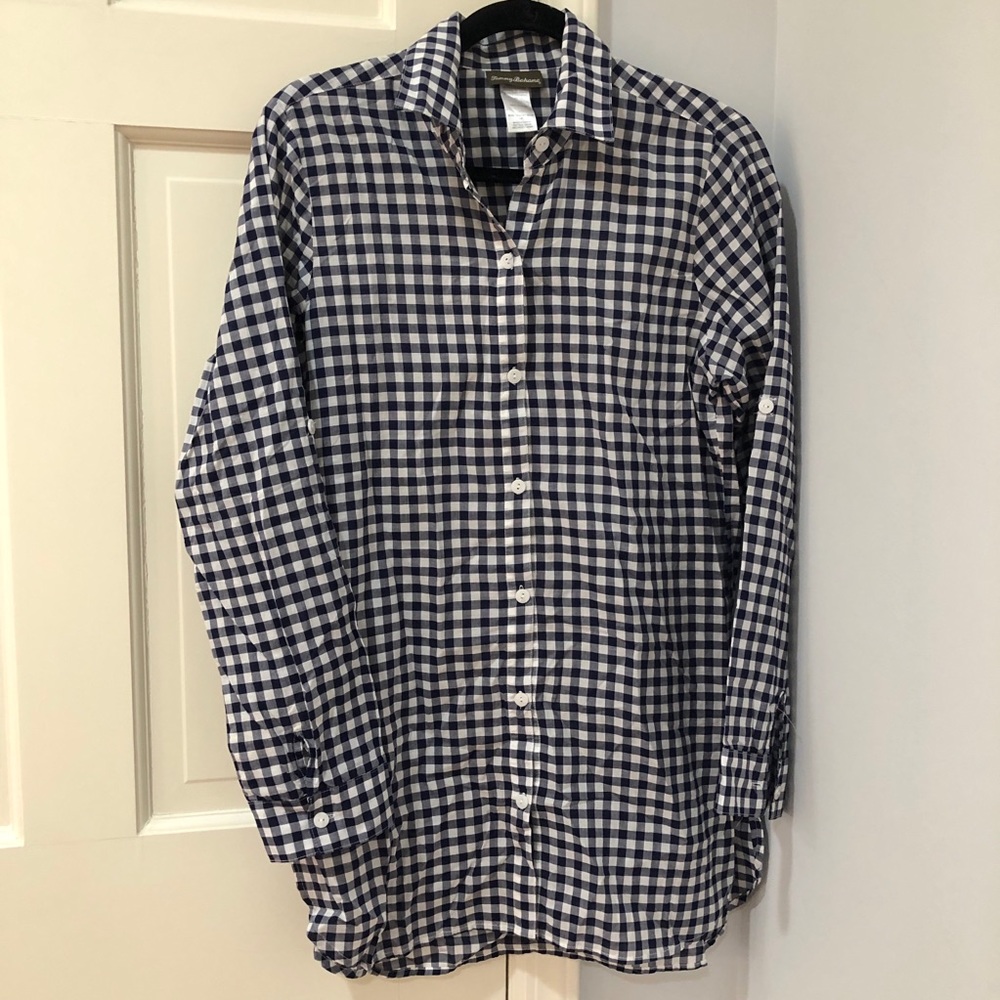 Tommy Bahama size small 109% cotton blue and white gingham button down tunic